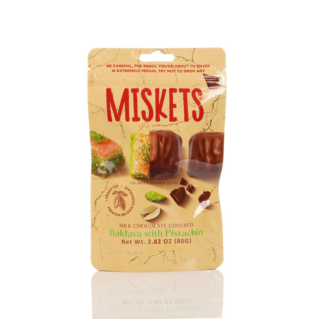 MISKETS MILK CHOCOLATE COATED DRIED BAKLAVA  WITH PISTACHIO