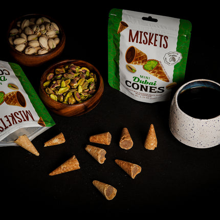 MISKETS WAFFLE CONES FILLED WITH PISTACHIO CREAM AND MILK CHOCOLATE (50 gr.  Dubai Chocolate Cones)