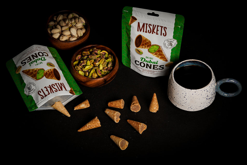 MISKETS WAFFLE CONES FILLED WITH PISTACHIO CREAM AND MILK CHOCOLATE (50 gr.  Dubai Chocolate Cones)