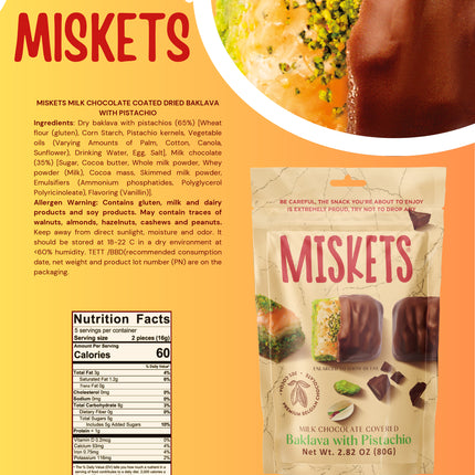 MISKETS MILK CHOCOLATE COATED DRIED BAKLAVA  WITH PISTACHIO