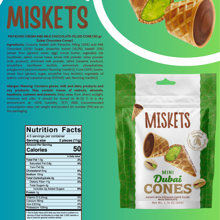 PISTACHIO CREAM AND MILK CHOCOLATE-FILLED CONE (50 gr.  Dubai Chocolate Cones)
