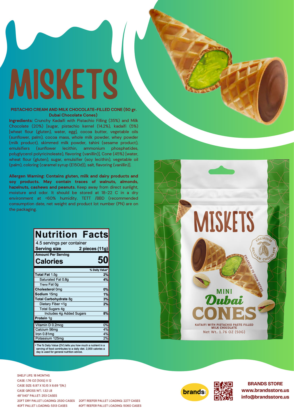 MISKETS WAFFLE CONES FILLED WITH PISTACHIO CREAM AND MILK CHOCOLATE (50 gr.  Dubai Chocolate Cones)