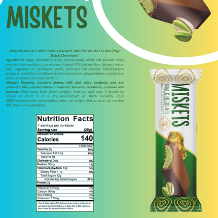 MILK CHOCOLATE WITH CRISPY KADAYIF AND PISTACHIO FILLING (25gr.  Dubai Chocolate)