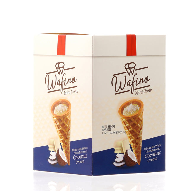 WAFINO WAFFLE CONES FILLED WITH WHITE CHOCOLATE AND COCONUT CREAM