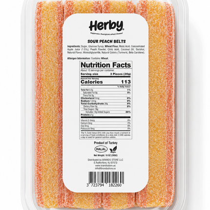 HERBY SOUR PEACH BELTS 10 OZ