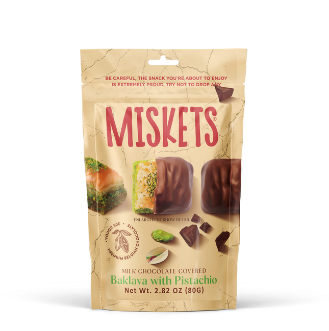 MISKETS MILK CHOCOLATE COATED DRIED BAKLAVA  WITH PISTACHIO