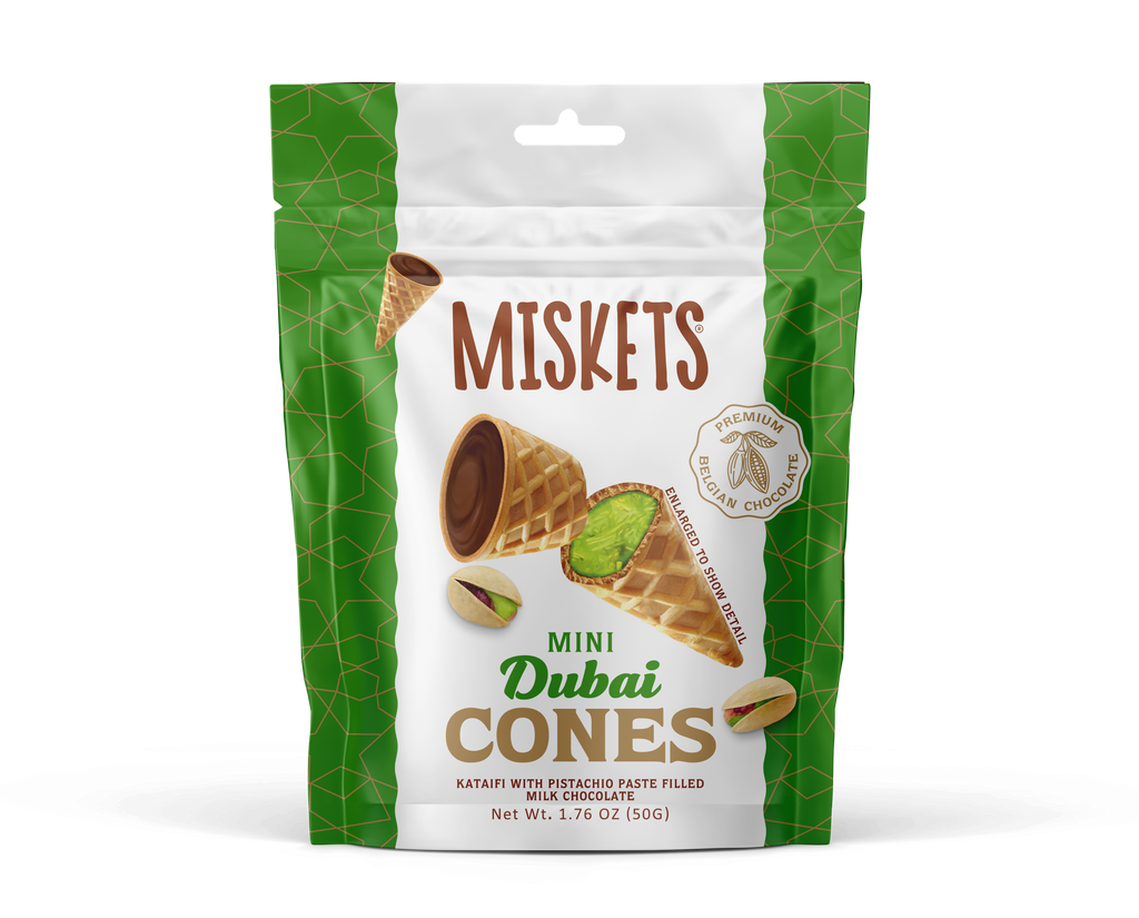 MISKETS WAFFLE CONES FILLED WITH PISTACHIO CREAM AND MILK CHOCOLATE (50 gr.  Dubai Chocolate Cones)
